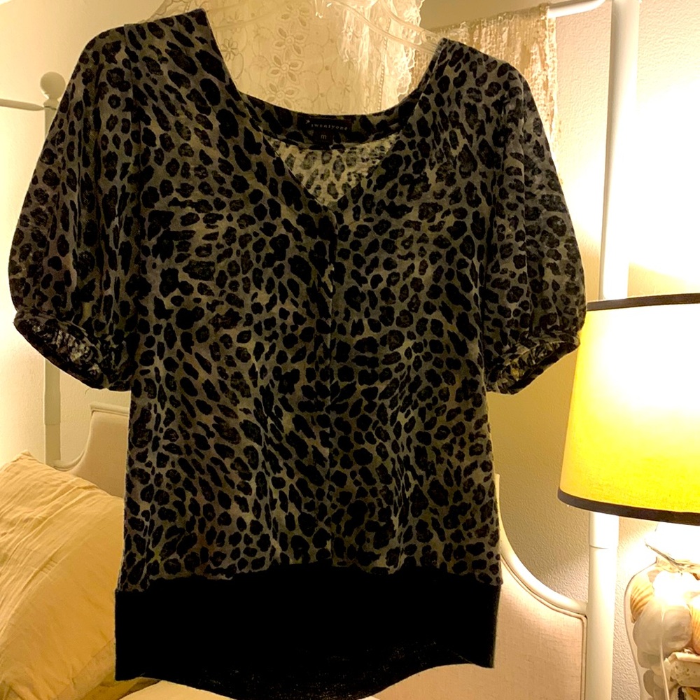 Leopard print - grey and black button up sweater blouse .